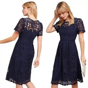 Anthropologie ERI + ALI Lattice Lace Navy Blue Fit N’ Flare Dress shortsleeve XS